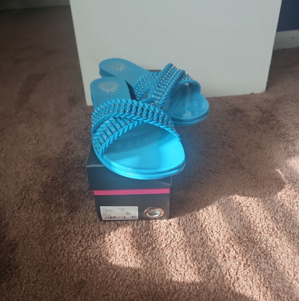 Vince Camuto Bright Turquoise Blue Beaded Slide Sandals